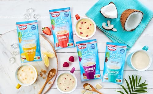 Dr. Oetker Seelenwärmer kalter Tassenpudding 12er Probier-Set, Weiße Schokolade & Himbeere, Lemon Cheesecake, Kokos-Geschmack und Vanille-Geschmack & Erdbeere, für eine kühlen Pudding-Nachspeise