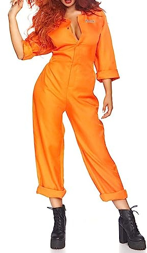 Yoisdtxc Adult Halloween Prisoner Costume Number Print Long Sleeve Lapel Front Zipper Overalls Jumpsuit Jail Criminal Clothes