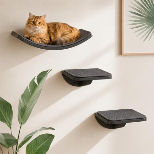 PELUOMOZ Katzen Wandmöbel Set 3-teilig, Holz Plattformen mit Sisal | 3-teiliges Katzen Wandmöbel, gebogene Liegefläche und Kletterstufen, Sisal Kratzfläche, stabile Holzkonstruktion