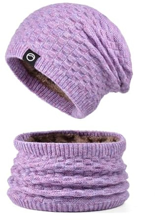 WANYI 2 in 1 Winter Mütze Schal Set Damen Wintermütze Warme Strickmütze Beanie Mütze mit Weiches Innenfutter 55-60CM(Violett)