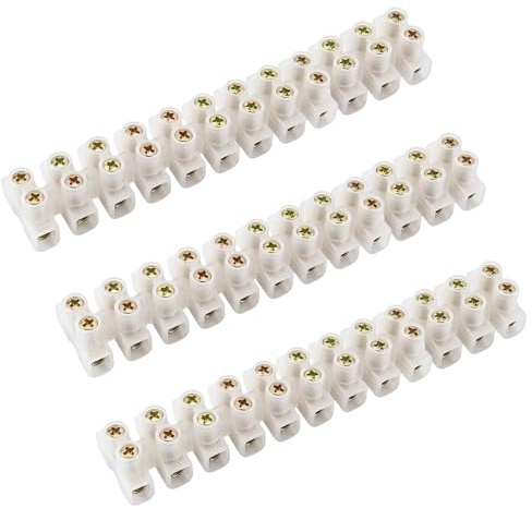 RARITYLL 12-Way 15A Terminal Block Strip 3-Pack White with Brass Inserts | Easy-Cut Design, Home DIY Projects, Secure Wiring, Electrical Connector, Chocolate Chock Blocks