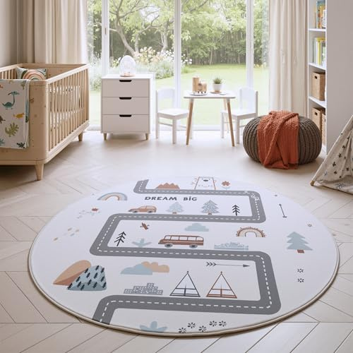 HomebyHome Kinderteppich Straße Spielteppich rund 120 cm für Kinderzimmer in Creme mit Fahrzeug Motiv ideal für kleine Spielecken