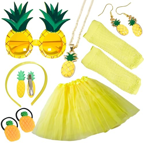 10 Ananas Kostüm Set für Damen, Lustige Kostüme Accessoire Tiara, Gläser, Ohrringe, Haarklammern, Haargummis, Halskette, Netzhandschuhe, Tutu Rock für Hawaii Cosplay Karneval Fasching Kostüm Party