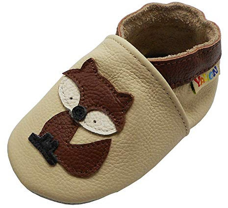 YALION Premium Weich Leder Babyschuhe Krabbelschuhe Lauflernschuhe Hausschuhe mit Fuchs Beige, EU 22/23=L