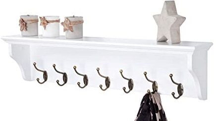 Elegant Brands Wall Mounted Coat or Towel Rack with Shelf, White Wooden and 7 Double Hooks suit hall, bathroom, kitchen and cloakroom, Richmond Range