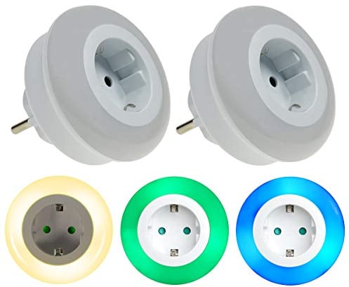 Trango 2er Set 11-253 LED Nachtlicht mit Steckdose Orientierungslicht, Nachtlampe incl. Helligkeits- Dämmerungssensor & Touchschalter für drei LED Farbeinstellung warmweiß-blau-Grün Sicherheitslicht