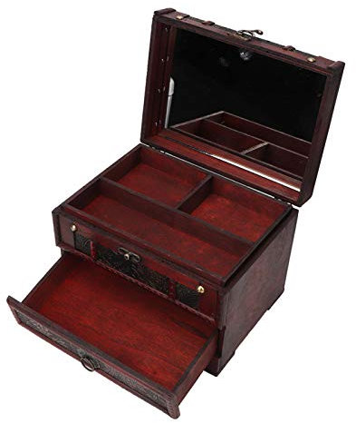 Jeanoko Vintage Holz Schmuckschatulle mit Fächern Schmucketui Halter Halskette Ohrringe Aufbewahrungsbox Organizer mit Spiegel