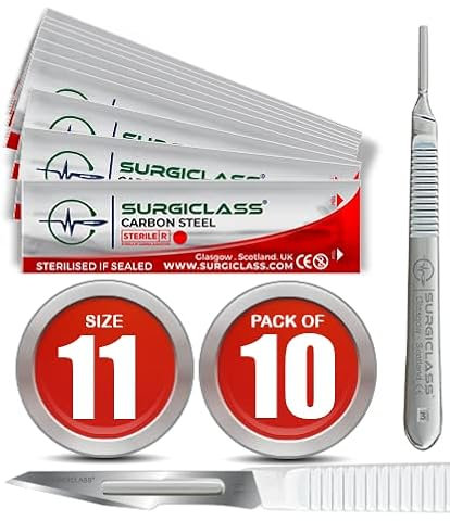 Surgical Scalpel Surgical Blades # 11 Carbon Steel Sterile Pack of 10 and Handle No 3 Perfect for Wood Art, Surgical, Sculpting, Repairs, Lab Anatomy, Sign, Card Making Lab Training SURGIRD11-10
