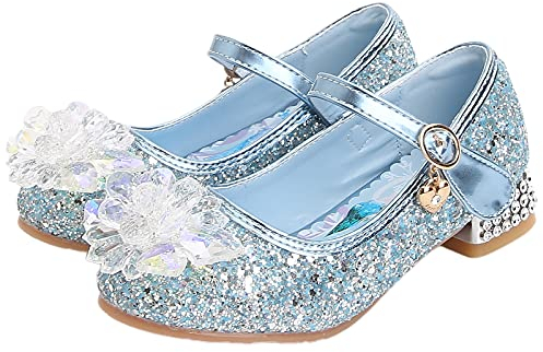 KANDEMY Mädchen Kristall Elsa Schuhe mit Absatz Glitzer Prinzessin Schuhe mit Pailletten Kinder Sandalen Eiskönigin für Halloween Fest Fasching Geburtstag Party Blau 28