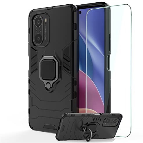 GKK DESCHE Case for Xiaomi POCO F3 / Xiaomi mi 11i, Cover with Ring Holder + Tempered Glass, Shockproof Armour Phone Case with 360° Rotating Standi - Black