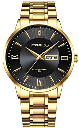 CRRJU Armbanduhr Herren Edelstahl Band Männer Uhr Analog wasserdichte Business Schwarz Stoppuhr Klassische Quarzuhr mit Kalender (Gold Schwarz)