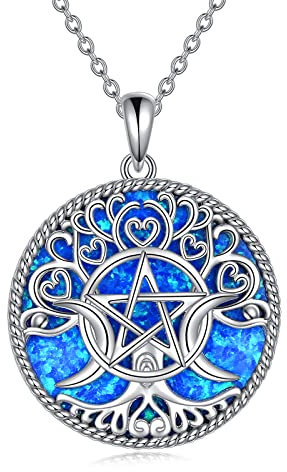 YFN Triple Moon Goddess Halskette Sterling Silber Pentagramm Pentagramm Opal/Türkis Anhänger Halskette Pagan Wiccan Magic Amulett Baum des Lebens Schmuck für Damen Herren 18 (Opal)