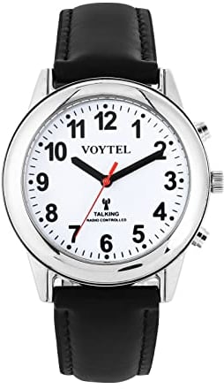 MAUJOY Sprechende Herrenuhr für sehbehinderte, Blinde, ältere Menschen, Laute und klare Stimme, spricht Deutsch (Silber – schwarzes Lederarmband)