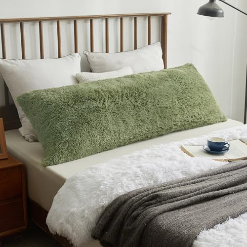 XeGe Long Fluffy Faux Fur Bolster Pillowcase, 4.6ft, Sage Green