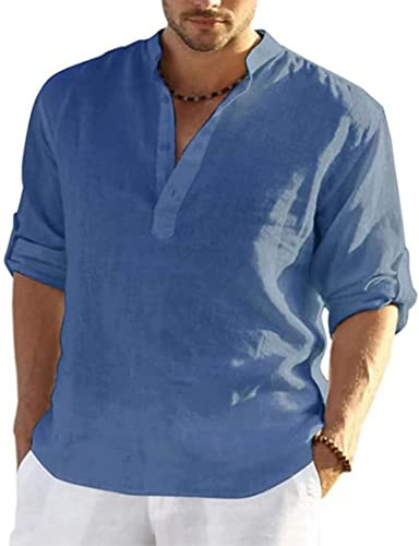 PADOLA Camicia in Lino Uomo Camicie Slim Fit Elegante Bianco Camicia Estiva Estate Maniche Lunghe Casual