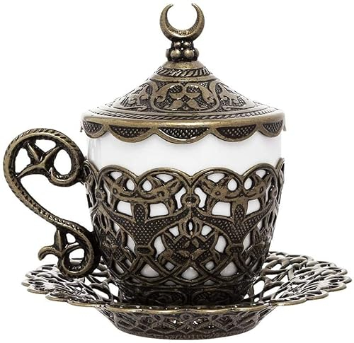 Alisveristime (1 taza de café turco, diseño tradicional con diseño de media luna, taza de porcelana y platillo para café turco, griego, árabe y espresso (Gelincik) (verde antiguo)