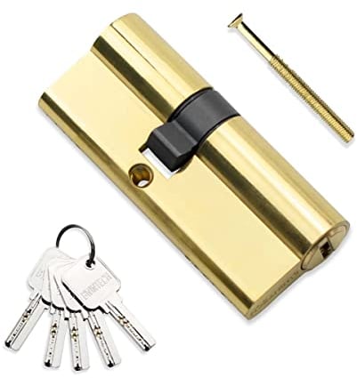 Bwintech 1 pièce Cylindre laiton Euro 30/40mm, Serrure barillet clé/clé 70mm avec 5 clés laiton horizontales, anti crochetage, anti perçage, anti claquement, anti choc, finition laiton poli