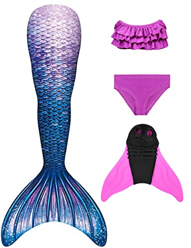 DNFUN meerjungfrauenflosse mädchen Badeanzug - Meerjungfrauenschwanz Schwimmen für Kinder Meerjungfrau Flosse Bademode mit Bikini Set und Monoflosse Mermaid Tail