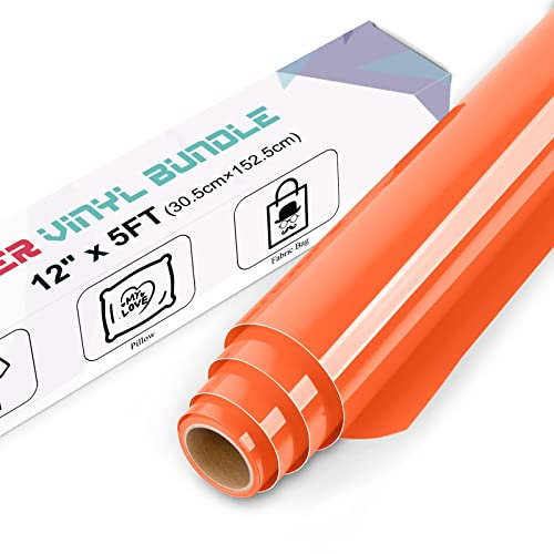 IModeur Orange Heat Transfer Vinyl — 30.5 x 152.5 cm(12'' x 5 Ft) Iron on Vinyl for Fabric, PET Backing Orange Vinyl for T-Shirts, Clothes, Hats, Bags and Other Textiles, HTV Vinyl Roll Easy to Weed