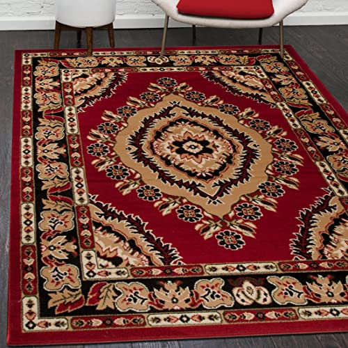 Mazovia Orientalisch Vintage Teppich - Kurzflor - Muster mit Medaillon - Traditioneller Teppich für Wohnzimmer, Esszimmer - ÖKO-TEX Wohnzimmerteppich - Rot 130 x 190 cm