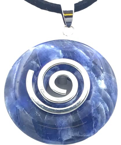 Steinfixx® - Premium Sodalith Donut optional als Kette mit Silber- oder Goldanhänger und 80cm Lederband | Heilstein | Edelstein | Chakra-Stein (Donut mit Silberspirale)