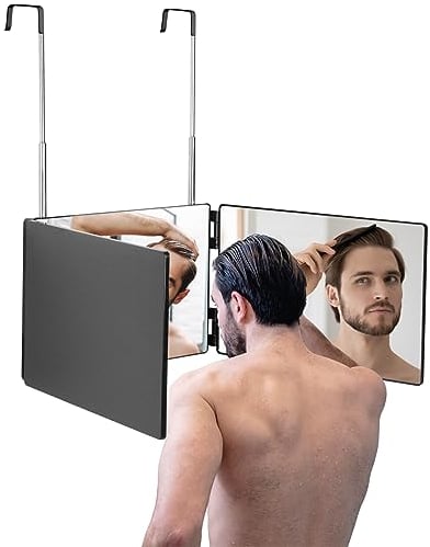 LONTAN 1 Pack 3 Way Mirror 360 Folding Mirror, With Adjustable Height Lever, Barber Mirror Makeup Mirror Over Door Mirror 3 Way Mirror For Hair Cutting Shaving Mirror Shower Mirror Hanging Mirror