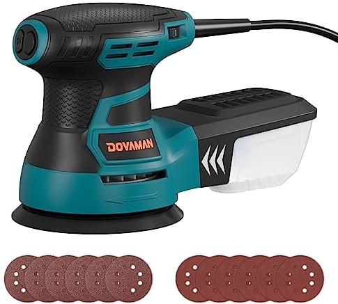 DOVAMAN ROS01A 350W Levigatrice Orbitale, 6 Velocità Variabili, 13000 RPM, 12 Fogli Abrasivi, Disco da 125mm, Raccolta della Polvere, Levigatrice Elettrica per Superfici in Legno e Acciaio