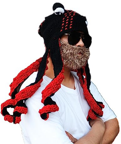 AURORRAN Gestrickte Wintermütze, lustige Oktopus-Mütze mit Bartmaske, weiche und warme Kostümmütze aus Wolle für Damen und Herren (NO.2)