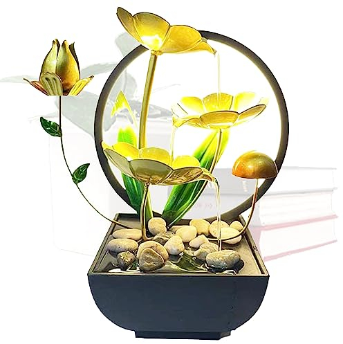 Zimmerbrunnen,3-stufiger Wasserfall Brunnen,Lotusblume Desktop-Wasser-Brunnen,Meditationsbrunnen mit Sand Steinen und LED Beleuchtung,für Meditation und Entspannung,Zuhause/Büro Dekoration (Stil 2)