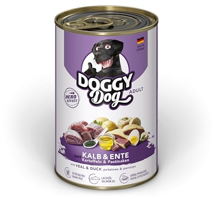 DOGGY Dog Paté Kalb & Ente, 6 x 400 g, Nassfutter für Hunde, getreidefreies Hundefutter mit Lachsöl und Grünlippmuschel, Alleinfuttermittel mit Kartoffeln und Pastinake, Made in Germany