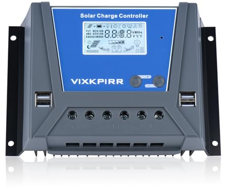 VIXKPIRR 60A Contrôleur de Charge Solaire 12V 24V 36V 48V Auto, PWM 60A Régulateur Charge Solaire avec Sonde Température LCD écran 4 ports USB, pour Plomb Acide Batterie lithium Batterie