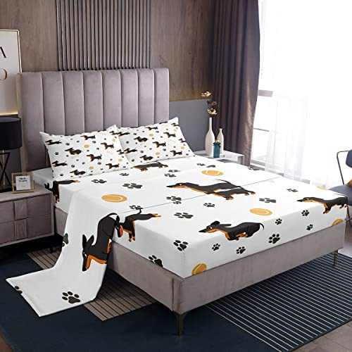Castle Fairy Bettlaken-Set mit niedlichem Dackel-Motiv, King-Size-Bett, Ballknochen, Pfotenabdruck, Schlafzimmerdekoration, Haustier-Thema, Polyester-Bettwäsche-Set (1 Spannbetttuch, 1 flach, 2