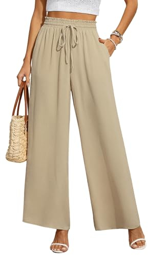 BEIGAI Damen Hosen Weite Lose Gerade Geschnitten Palazzo Hose Hohe Taille Dehnbar Lounge Elegante Hose mit Taschen,Khaki,M