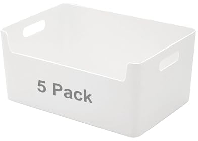 LYLIDIA Aufbewahrungsbox Küche Körbe Kunststoff 25 cm 5 Stück Niedrigeren Vorderseite Aufbewahrungskorb Weiß Aufbewahrungsboxen Bad Organisationsboxen Plastikbox Regal Schrank Organizer Boxen