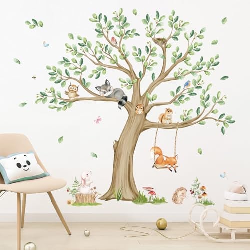 wondever Stickers Muraux Grand Arbre Enfant Autocollants Muraux Mural Stickers Girafe Feuilles Vertes pour Chambre Enfants Bébé Pépinière Salon