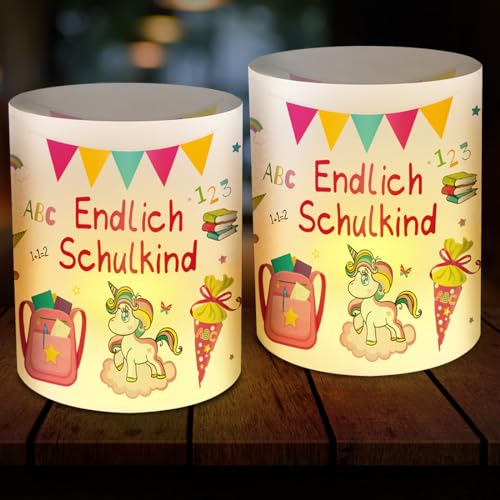 12 Windlicht Tischdeko Einschulung, Tischdeko Schulanfang, Deko Einschulung Mädchen, Schuleinführung Deko mit Motiv Schulranzen Einhorn Schultüte, Geeignet für Teelichter oder Kerzen