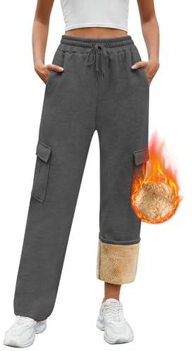 PASUDA Womens Fleece Lined Joggers Pant Winter Warm Sherpa Joggong Bottom Thermal Trousers Cotton Straight Leg Baggy Sweatpants Tracksuit Bottoms Cargo Lounge Pants with Drawstring (Dark Grey, L)