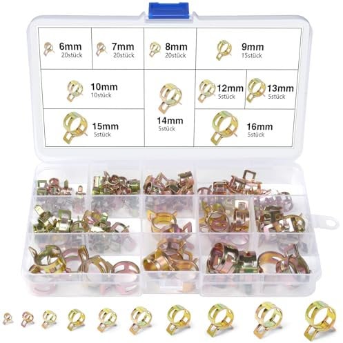 REJOECE 110 Pezzi Fascette Stringitubo a Molla, 6/7/8/9/10/12/13/14/15/16 mm Clip per Tubo Flessibile per Carburante, Morsetto a Molla, Morsetti per Tubi Flessibili per Tubo Di Vuoto