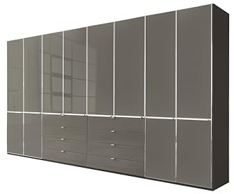 WIEMANN Drehtürenschrank mit 8 Schubkästen hochwertiger Kleiderschrank Schlafzimmerschrank 400cm breit, mit Schubladen, Glas Havanna, Höhe 216cm, Shanghai
