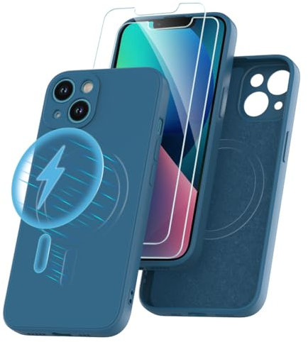 Garegce Coque Silicone Magnétique pour iPhone 13 Compatible avec MagSafe + 2 X Verre trempé Protection écran, Antichoc Anti-Rayure, Souple Doublure en Microfibre Douce Housse Etui - 6.1- Bleu Nuit