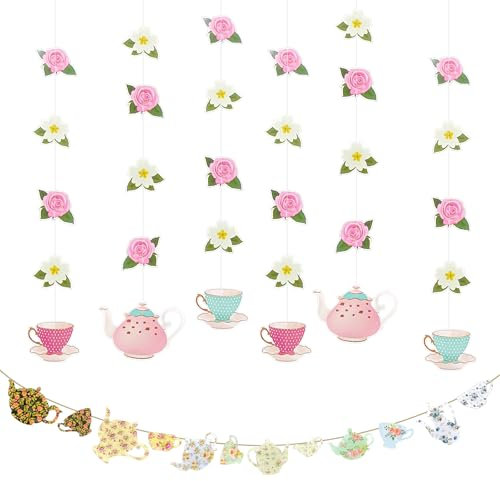 Floral Talking Party Decorations Banner - Tea Cup Banner and 6pcs Teapot Accessories for Tea Afternoon Party Supplies, Dessert Table, Baby Shower, Birthday, Wedding