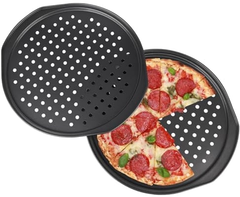 Vebulon Set di 2 teglie per pizza, rotonde, in acciaio inox, forate, antiaderenti, per pizza, torte di fiamma, pane e torte
