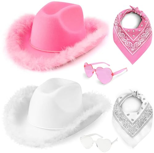 Pipihome Cowboyhut Pink, Flauschige Feder Cowboy Hut Frauen, Pinker Cowboyhut, Damen Cowgirlhut, Cowboyhüte Flauschige Feder Krempe Hut, Cowboyhut mit Tiara für Karneval Fasching JGA Urlaub (A)