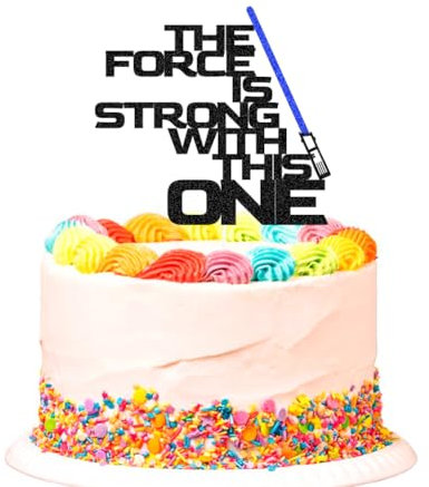 SWEETTALA The Force Is Strong with This One Cake Topper, Space Wars Baby First Birthday Cake Decorations, Jedi Blue Lightsaber for Baby Boys, One Year Old Party