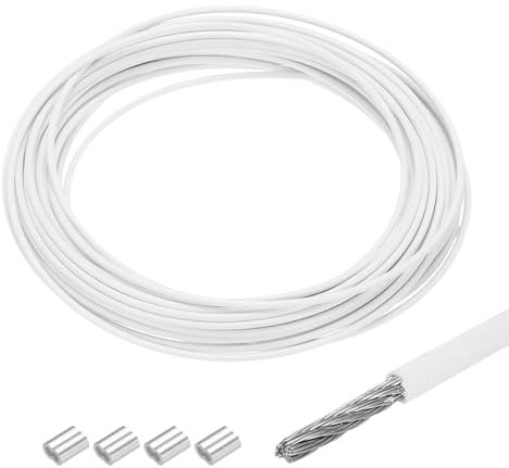 QUARKZMAN Drahtseil Edelstahl 10M x 2 mm Stahlseil PVC ummantelt mit 4 Aluminiumhülsen Sicherungsdraht Aufhänger für Bilder Vorhang Geländer Outdoor Gartenmöbel Sonnensegel, Weiß