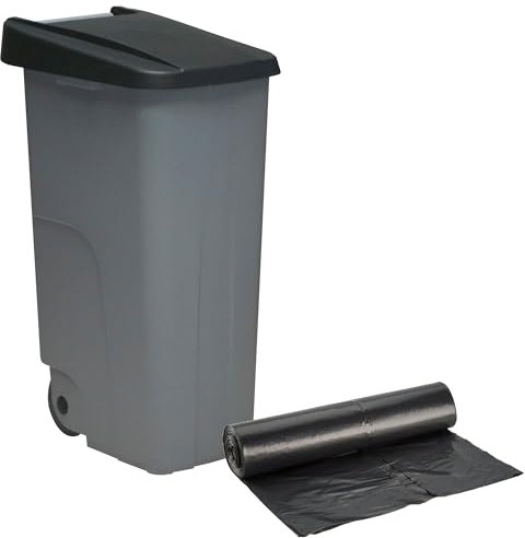 WELL HOME - Contenedor Cerrado 110L Negro H.88cm + Rollo 10 bolsas de basura 120L