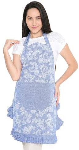 Encasa XO Grembiule per Donne | Tessuto Chambray di Cotone con Balza Floreale | Grembiule da Cucina e Chef con 2 Grandi Tasche | Protezione Elegante - 70x85 cm - Azul