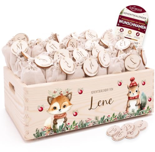 Personalisierter Adventskalender 2026 zum Befüllen mit Holzzahlen | Tolle Weihnachtsdeko aus Holz, Weihnachtskalender mit Tüten für Geschenke Mädchen & Jungen (40 x 30 x 14 cm)