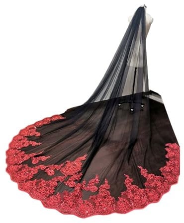 VDCVADKYE Schleier für die Braut, Schleier Schwarzer Tüll-Hochzeitsschleier mit Glitzer-Pailletten Roter Spitze Langer Brautschleier mit Kamm Einlagiger 300CM Kathedralenschleier