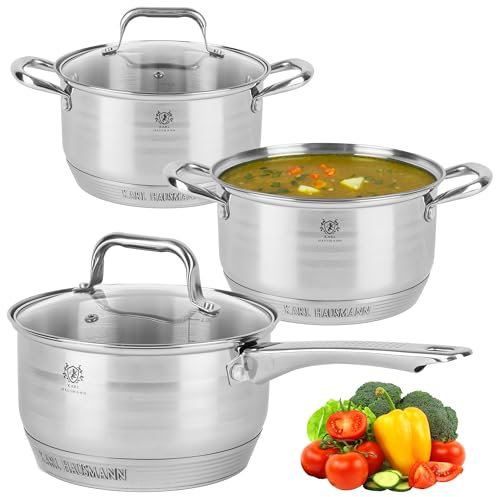 Set di pentole a induzione, 6 pezzi, con coperchio in vetro, in acciaio inox satinato, set di pentole a induzione non rivestite, scala interna, fornello in vetro ceramica, gas, fornello elettrico